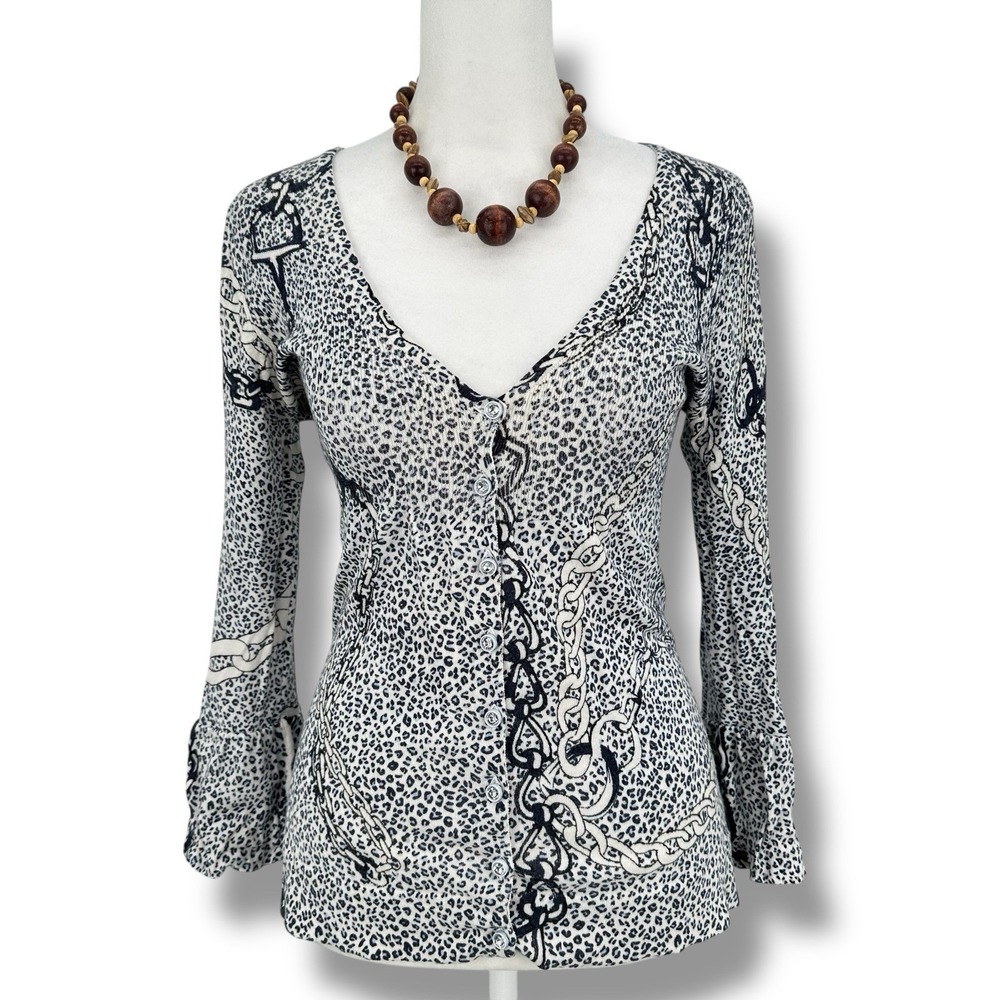 Charlotte Women's Leopard Chain Print Button Front Knit Top M Y2K Bell Sleeve